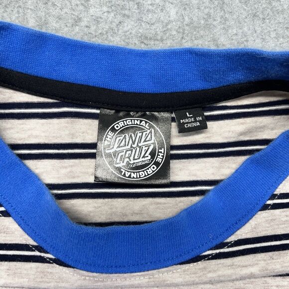 Santa Cruz Striped T-Shirt Men’s Large Blue Neck Logo Patch Y2K Skatewear - Picture 4 of 9